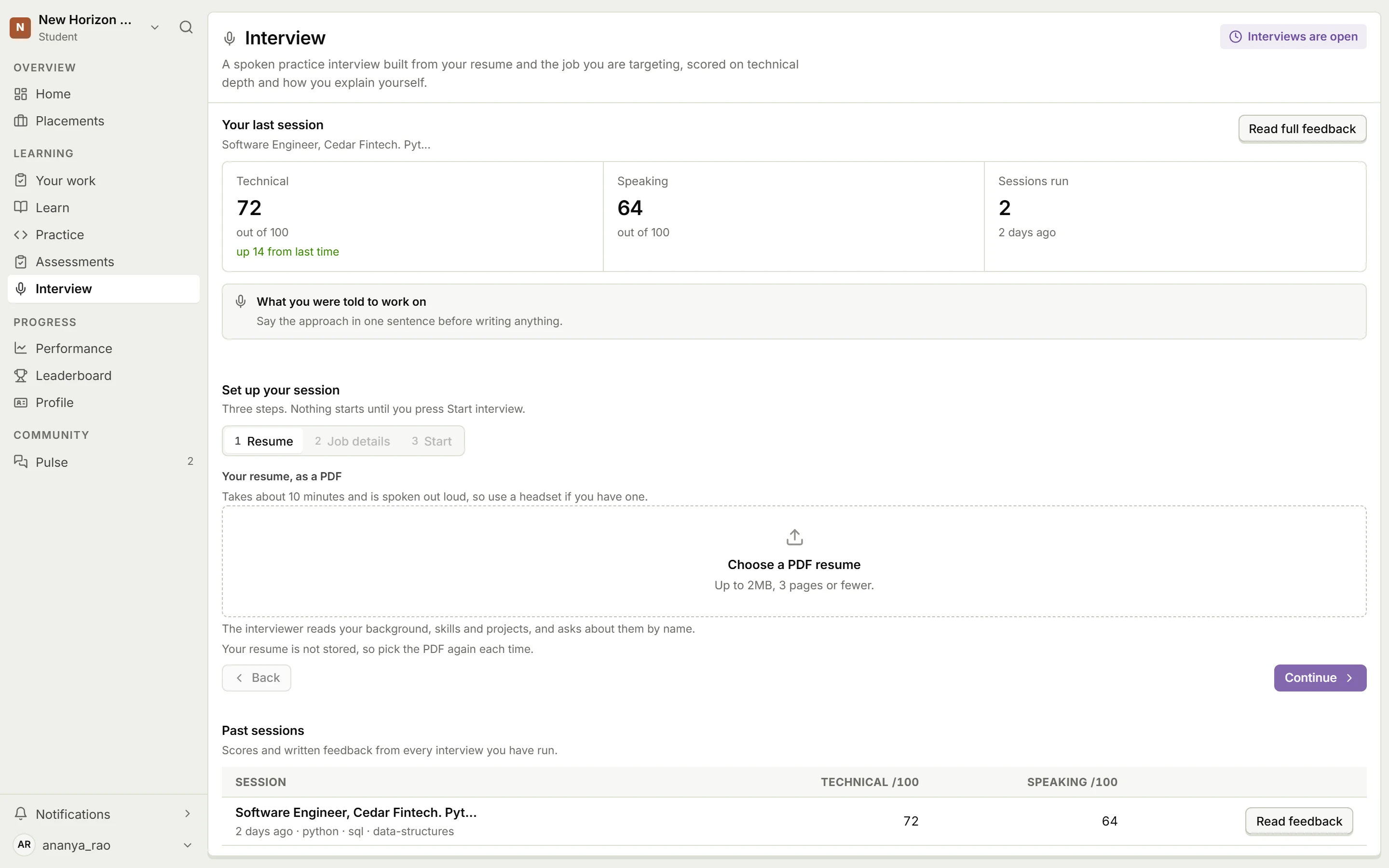 Assessly interview practice page: the last session, for a Cedar Fintech Software Engineer role, scored 72 technical and 64 speaking, up 14 from the time before, with what to work on, a three-step setup for a new session and a list of past sessions.