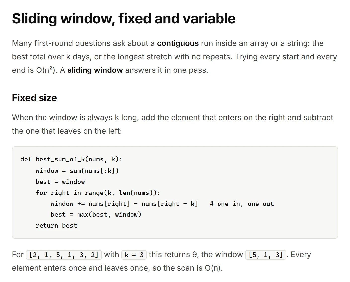 Lesson content explaining the fixed-size sliding window, with a Python function best_sum_of_k and a note that it returns 9 for the example input.