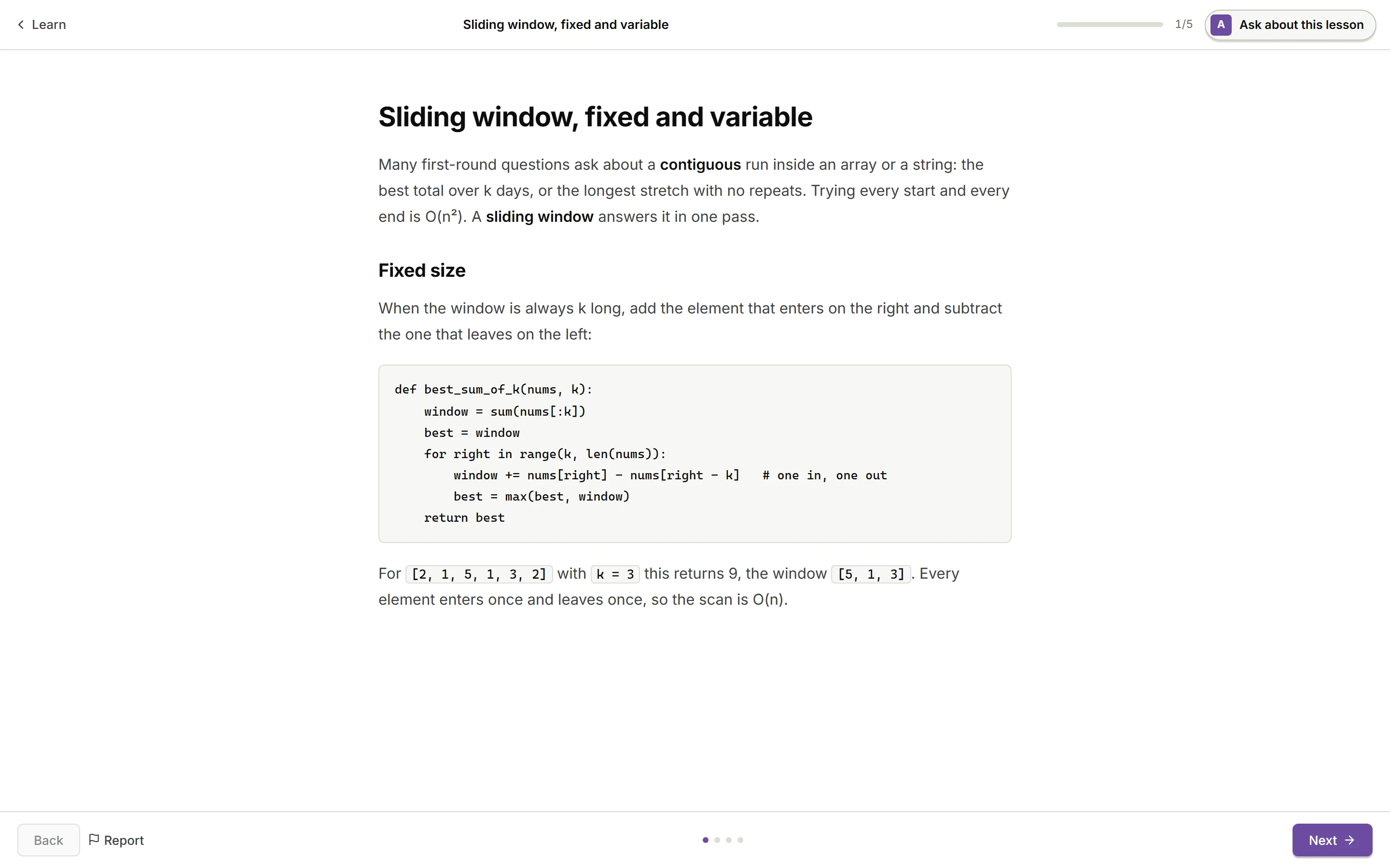 Assessly lesson player showing the lesson Sliding window, fixed and variable, with an explanation, a Python code example and Back, Report and Next controls.