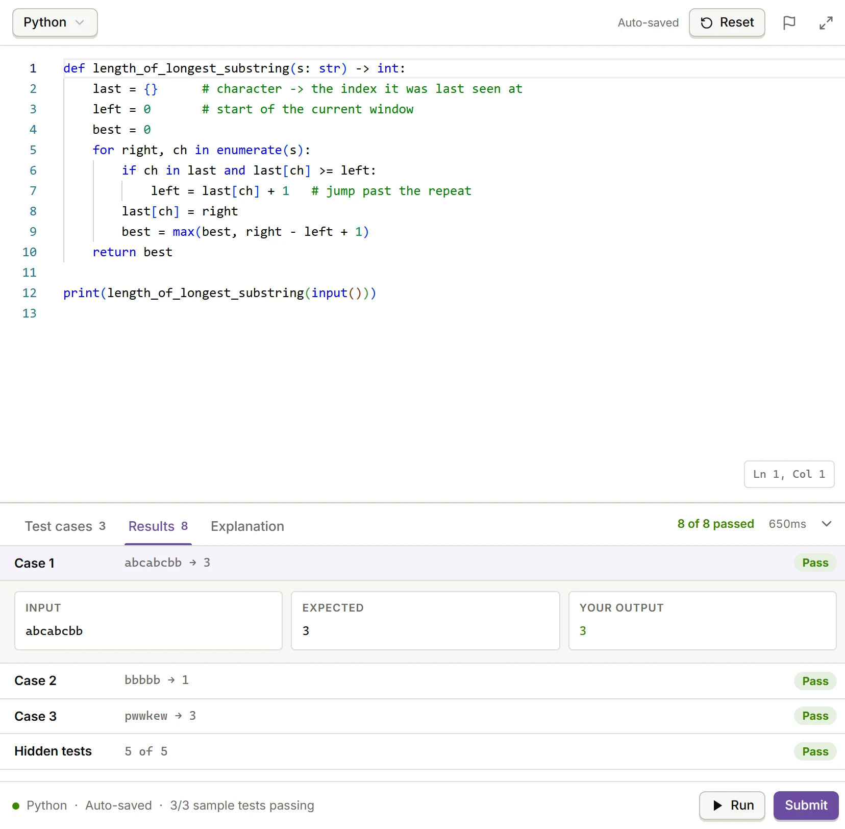 Code editor with a Python solution to the longest substring problem and a results panel showing 8 of 8 tests passed: three sample cases and 5 of 5 hidden tests marked Pass.