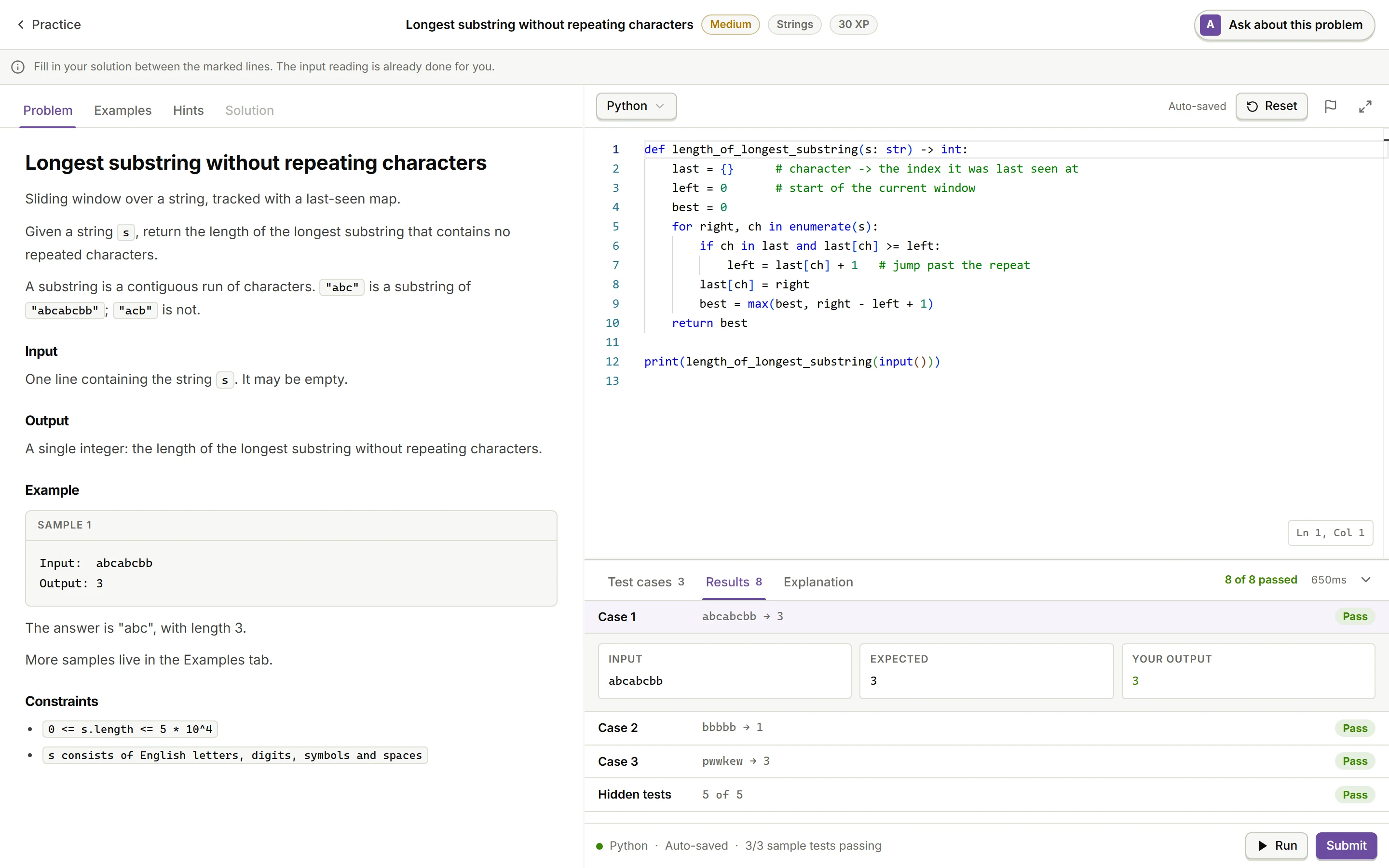Assessly practice workspace for Longest substring without repeating characters: the problem statement on the left, a Python sliding-window solution in the editor, and results showing 8 of 8 tests passed.
