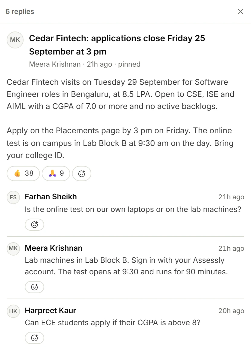 Pinned announcement that Cedar Fintech applications close Friday 25 September at 3 pm, followed by a student asking whether the test is on lab machines, the placement officer's answer, and another student's question about ECE eligibility.