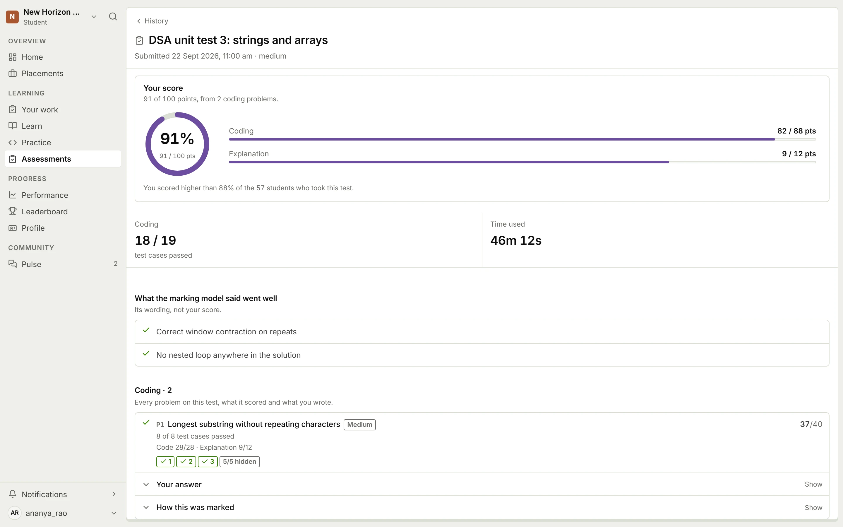 Example data. Result page for DSA unit test 3: strings and arrays, scored 91 out of 100 with coding 82 of 88 and explanation 9 of 12, higher than 88% of the 57 students who took it, 18 of 19 test cases passed and 46 minutes 12 seconds used.